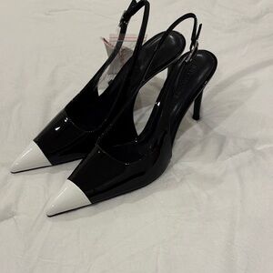 Retrofete Black Patent Slingback Heels with White Cap Toe
